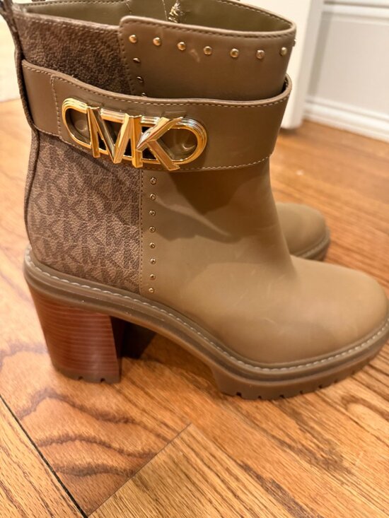 Michael Kors Shoes - Brand New Michael Kors Brown / Tan MK Logo Strap Ankle Bootie Sz 9